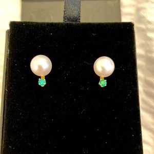 Genuine pearl studs with emerald accents for a May or June birthday.